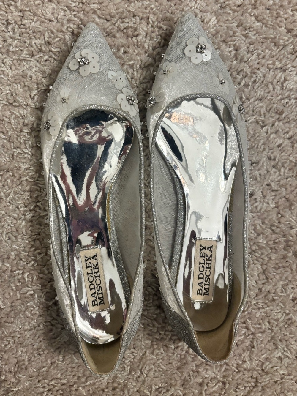 Badgley Mischka Silver Floral Sequin Pointed-Toe Flats